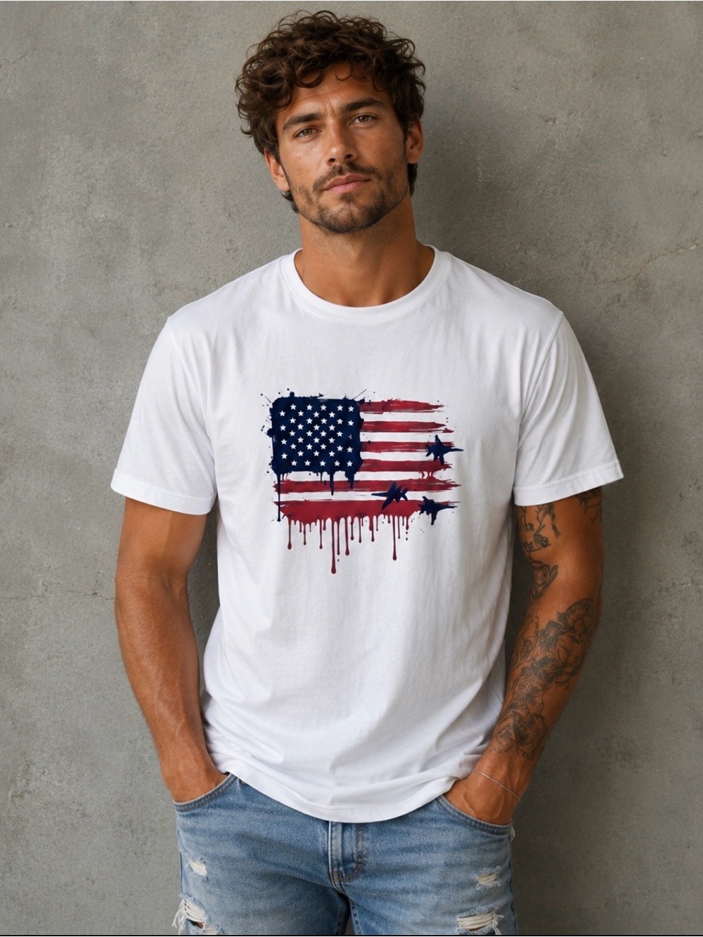 Patriotic Men's Distressed Flag & Fighter Jet Tee Shirts